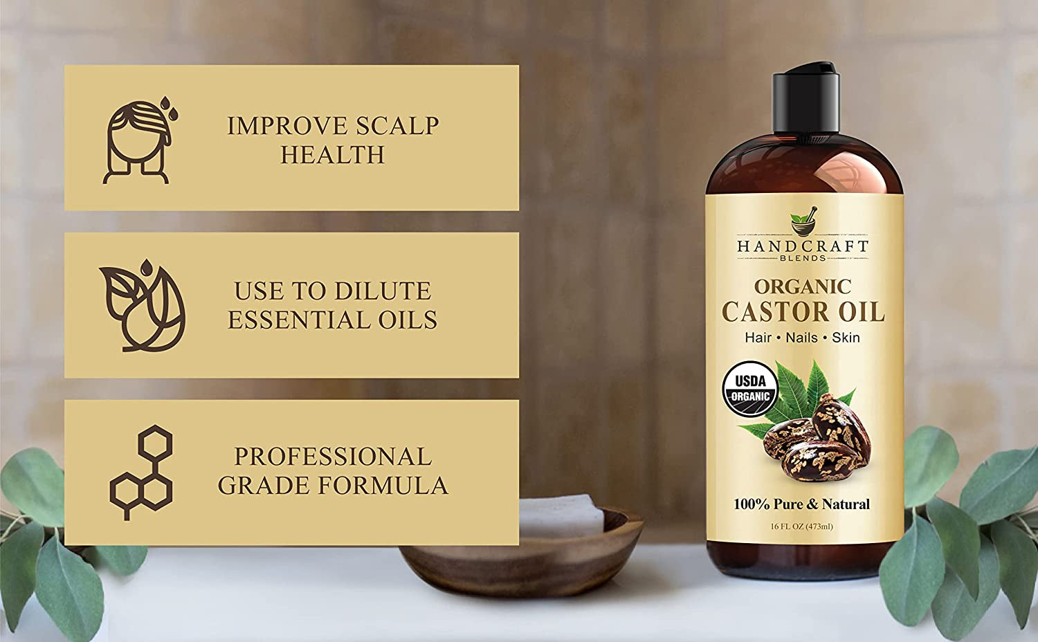 Organic Castor Oil - 16 Fl Oz - 100% Pure and Natural - Premium Grade Oil for Hair Growth, Eyelashes and Eyebrows - Carrier Oil - Hair & Body Oil - Expeller-Pressed