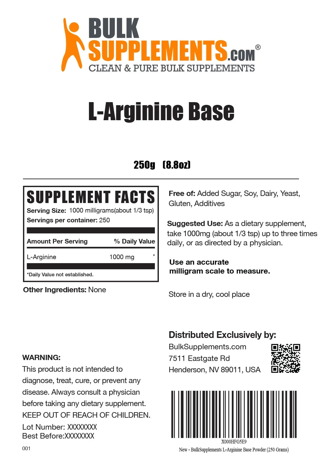 Bulksupplements L-Arginine Powder - 1G per Serving - 1 Kilogram (2.2 Lbs) - 1000 Servings