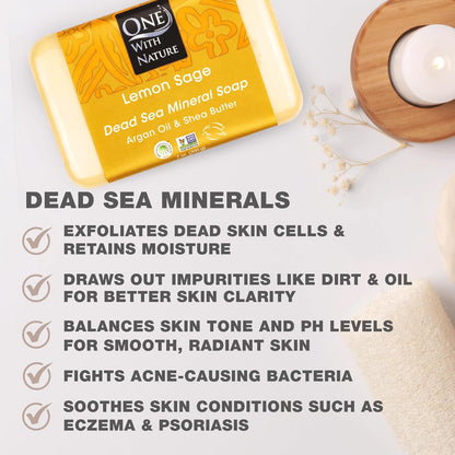 Dead Sea Mineral Salt Lemon Sage 4Oz Soap 3Pk, Argan Oil & Shea Butter - Dead Sea Salt Contains Magnesium, Sulfur & 21 Essential Minerals - All Skin Types, Acne, Psoriasis, Eczema