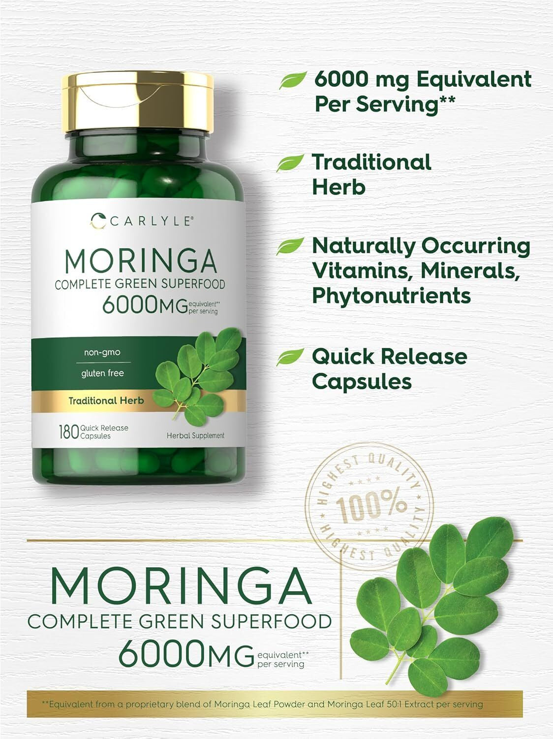 Moringa Oleifera Capsules 6000 Mg | 180 Count | Green Superfood | by Carlyle