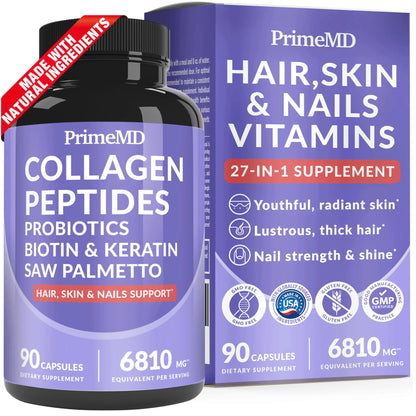 27-in-1 Hair Skin and Nails Vitamins (6810mg) w/Biotin 10000mcg - Biotin and Collagen Supplements for Men and Women - Hair Growth Vitamins Keratin Supplements with Probiotics and Saw Palmetto 90ct