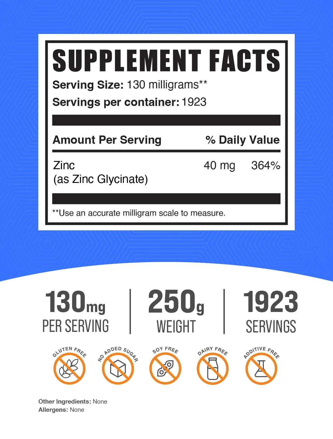 Bulksupplements Zinc Glycinate Powder - Gluten Free, 130Mg per Serving - 5 Kilograms (11 Lbs) - 38460 Servings