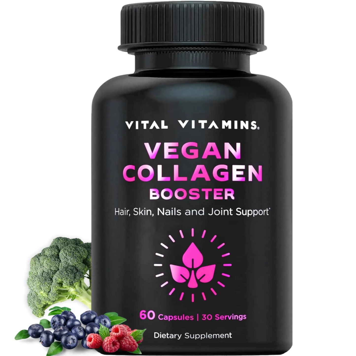 Vital Vitamins Vegan Collagen Booster - Plant Collagen Supplements - Supports Hair Skin Nails & Joints - with Hyaluronic Acid - 60 Capsules